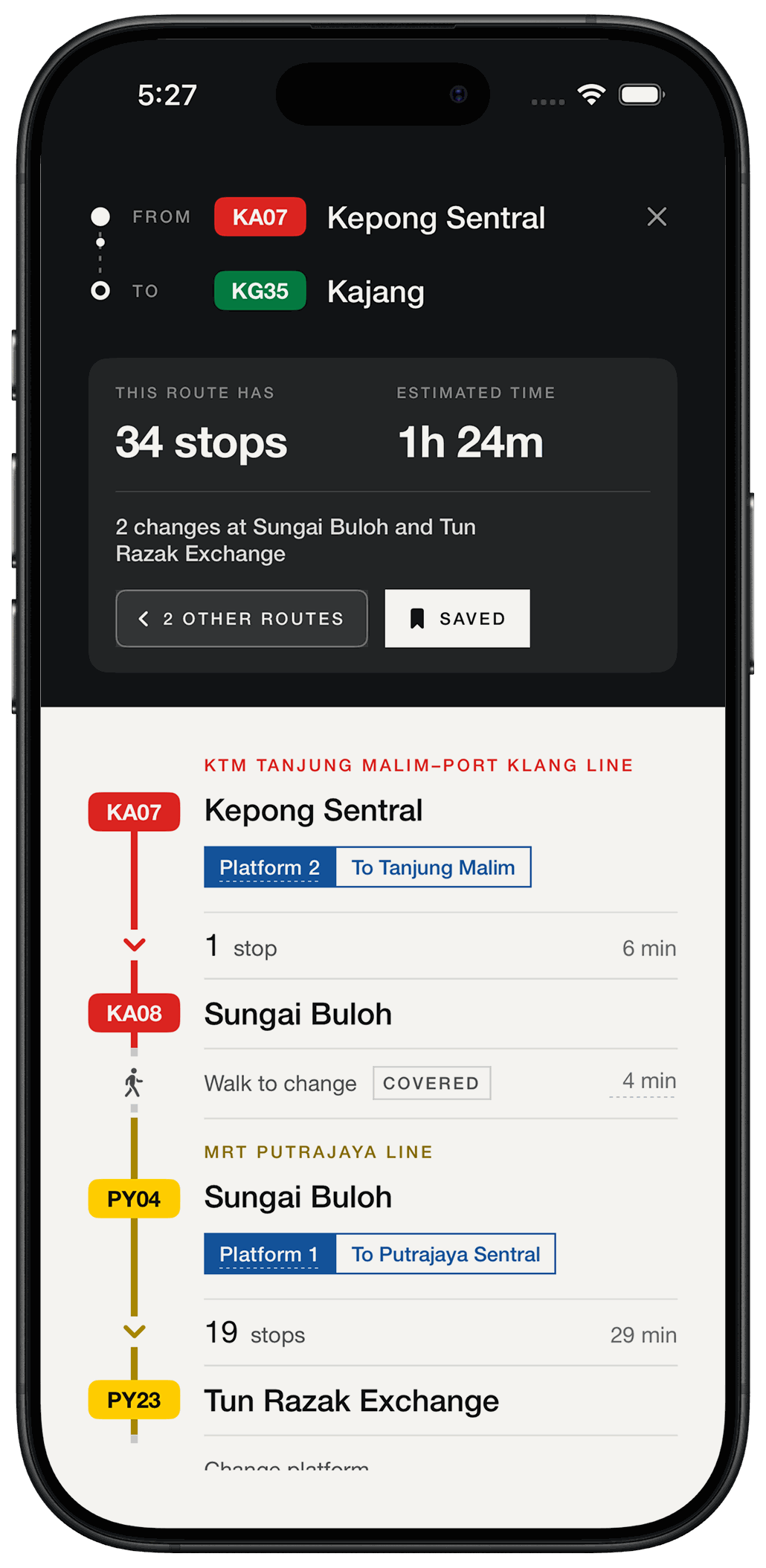 KL Trains showing the journey from Kepong Sentral to Kajang: 34 stops, about 1 hour 24 minutes, changing at Sungai Buloh and Tun Razak Exchange, with the platform number and direction at each boarding.